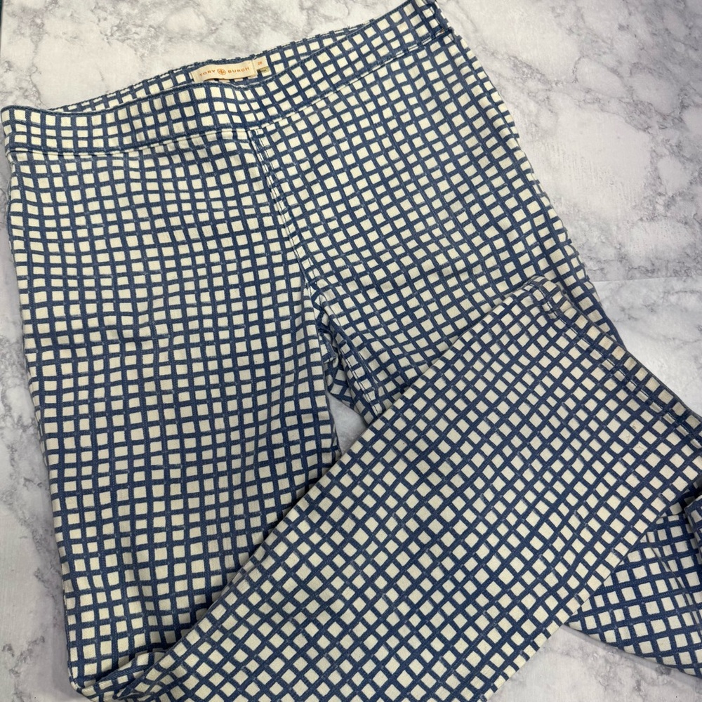 Tory Burch Blue and White Checkered Straight Leg Pants